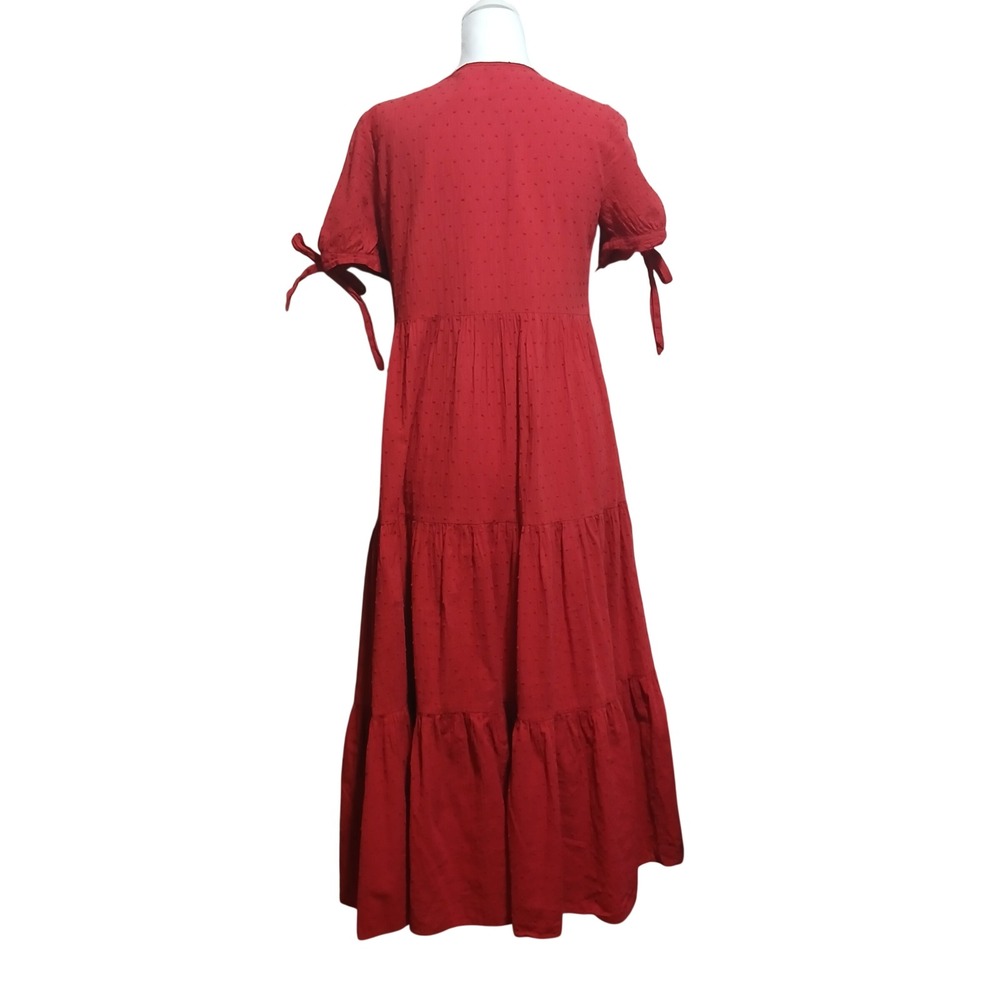 Madewell Red Swiss Dot Tiered Midi‎ Dress Tie Sleeve XS Cotton Keyhole Lined - Picture 4 of 8